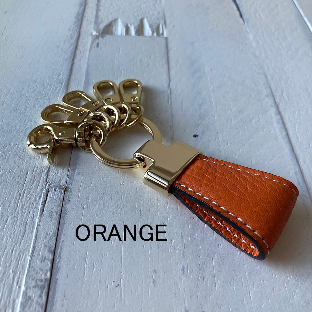 レザーモチーフ4連キーリング 刺繍 本革 キーホルダー シンプル キーケース プレゼント ギフト【GZKC-A814】 オレンジ(ORANGE)