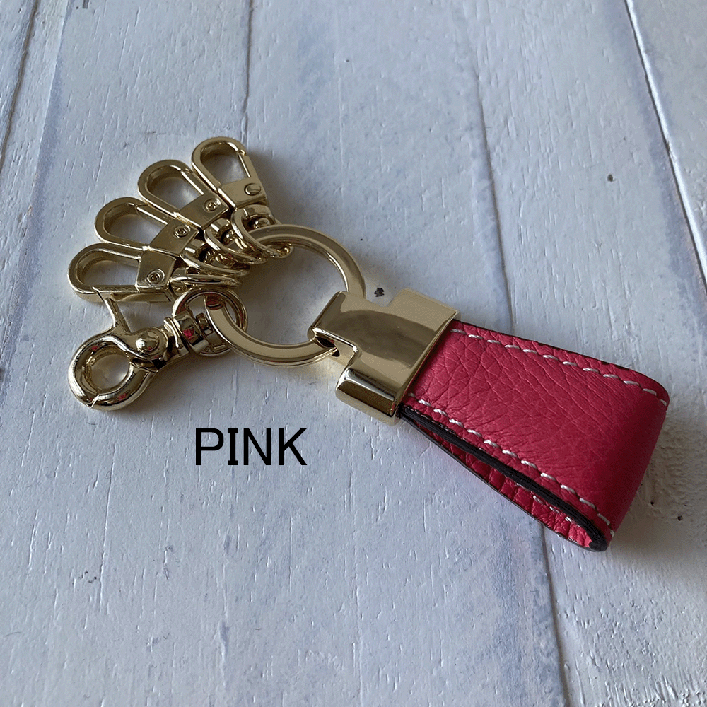 レザーモチーフ4連キーリング 刺繍 本革 キーホルダー シンプル キーケース プレゼント ギフト【GZKC-A814】 ピンク(PINK)